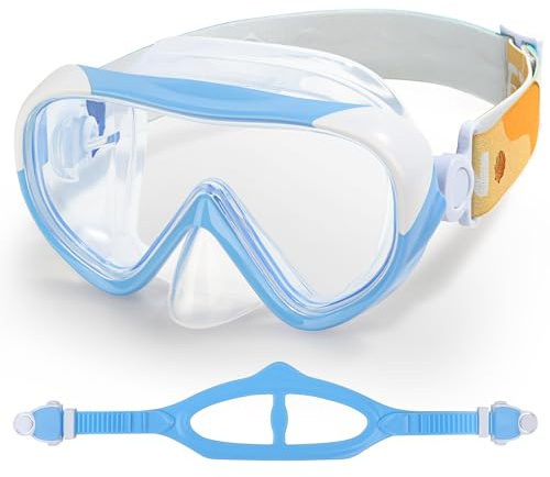 EXP VISION Kids Swim Mask - 180° Anti-Fog Child Snorkeling Diving Mask Leak-Proof Kids Swim Goggles with Nose Cover and Fabric Strap for Boys & Girls Ages 4-14 Swimming, Diving and Snorkeling (Blue)