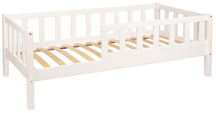 Alije Kinderbett Bett mit Rausfallschutz 60x120 Weiß Leo Lattenrost Bettgestell aus Kiefer Holz für Haus Kinder Jungen & Mädchen - Holzbett Baby Kinderzimmer Junge Deko