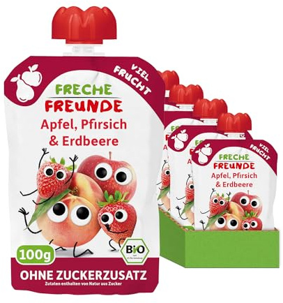 FRECHE FREUNDE Bio Quetschies Apfel, Pfirsich & Erdbeere, (6x100g)