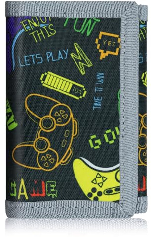 Teens Cool Wallets for Boys & Girls with Zipper Coin Pocket Card Slot, RFID Trifold Canvas Outdoor Lovely Design Magic Sticker for 12-16 Ages(Black Game)