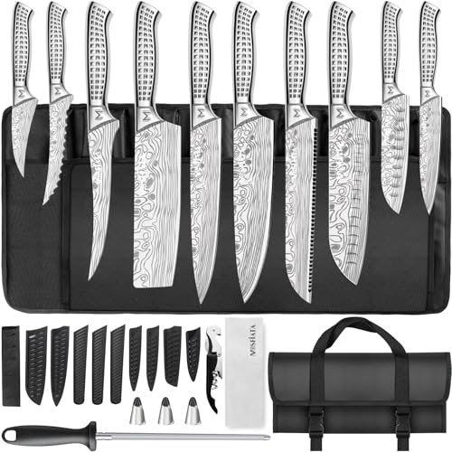 MOSFiATA Küchenmesser Set Edelstahl mit Tasche 17-Teilig Outdoor, Scharfes Kochmesser Ensemble,Fingerschutz, Messerschwertüllen, Wetzstab, Oxford Transportbeutel-Optimal für Unterwegs