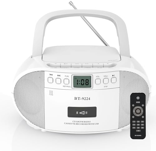 Portable Radio CD Cassette Player – Bluetooth Speaker with USB Playback, AM/FM Radio, Remote Control, AC/Battery Powered, Earphone Jack.