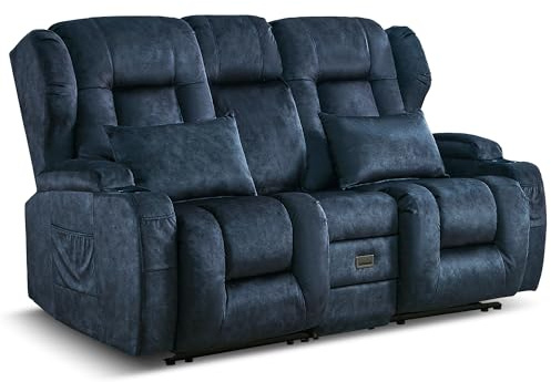 LIFTSHA Zweisitzer Sofa mit Schlaffunktion, Fernsehsessel Relaxsessel mit Liegefunktion, Heimkino Sitze mit Konsole, Getränkehalter, Schublade, Buchse, Blau