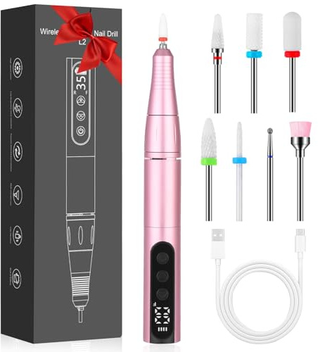 Eixara Fresa de uñas inalámbrica, 35000 rpm, LED, 3 niveles, derecha e izquierda | Lima de uñas eléctrica con pantalla LED, 3 velocidades, giro derecho/izquierdo, 6 puntas para uñas de gel y acrílico