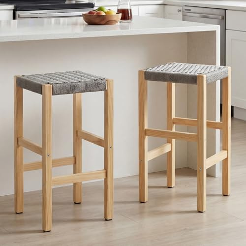 chairus 2er Set Barhocker aus Holz, Landhaus Küchenhocker mit Seilgeflecht, Barstuhl Sitzhöhe 65 cm, für Kücheninsel, Bistro (Grau)