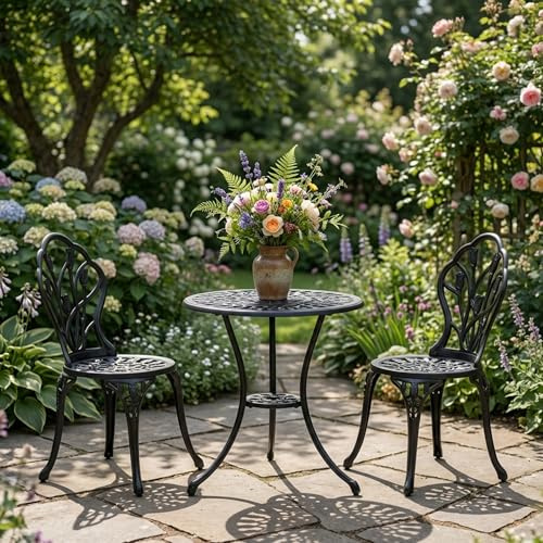GIANTEX 3 delar Bistro-set, trädgårdsbord med 2 stolar, bistrobord med paraplyhål och justerbara fötter, trädgårdsset gjutet aluminium, balkongset, väderbeständigt för trädgård, terrass och utomhus