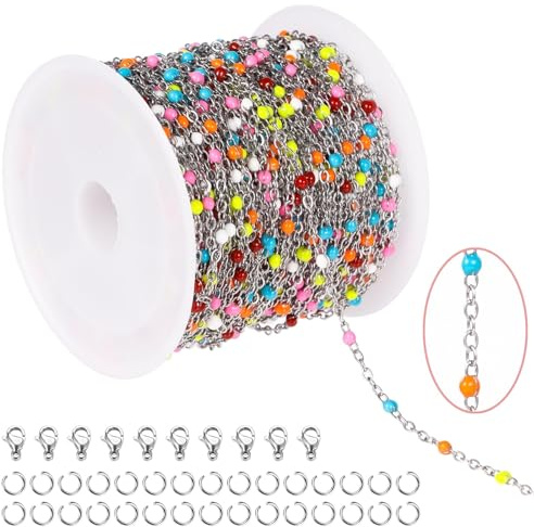 10 m smyckestillverkningskedjor, färgglada pärlkedjelänkar i rostfritt stål med 10 hummerlås och 30 bindringar, pärlhalsband och armbandstillbehör för gör-det-själv-hantverk, silver