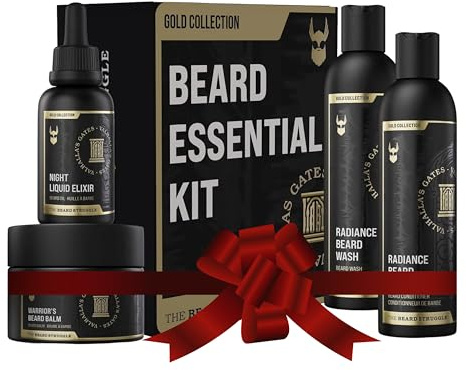 The Beard Struggle - Skäggväxtsats för män - innehåller skäggbalsam, rengöringsmedel, olja och balsam - guldkollektion - Valhalla's Gates - 240 milliliter