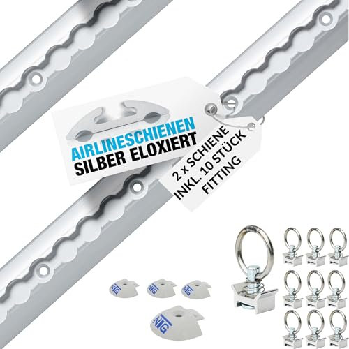 NTG 2 X 2 m Alu Airlineschiene, halbrunde Form mit Bohrungen inkl. 10 x Fitting + 4 x Endkappe | Ladungssicherung für LKWs und Wohnmobile | Gebohrte Zurrschiene | Silber eloxiert