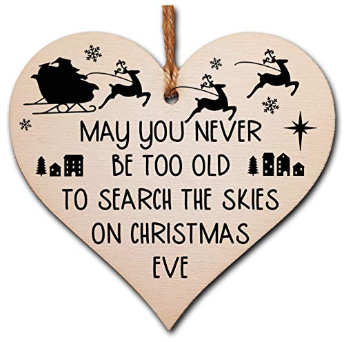 The Plum Penguin Handmade Wooden Hanging Heart Plaque Christmas Tree Bauble Too Old Search Skies Christmas Eve Fun Novelty Wall Hanger Decoration