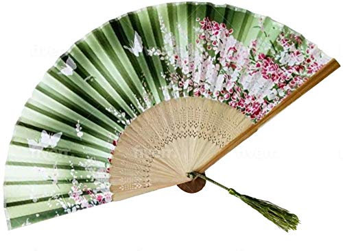 Green with Butterflies Floral Patterned Hand Fans Come With Fan Bag, Vintage Silk and Japanese Lace Designs with Bamboo Frames, Handheld Folding Fans Perfect for Weddings, Parties and Church Events