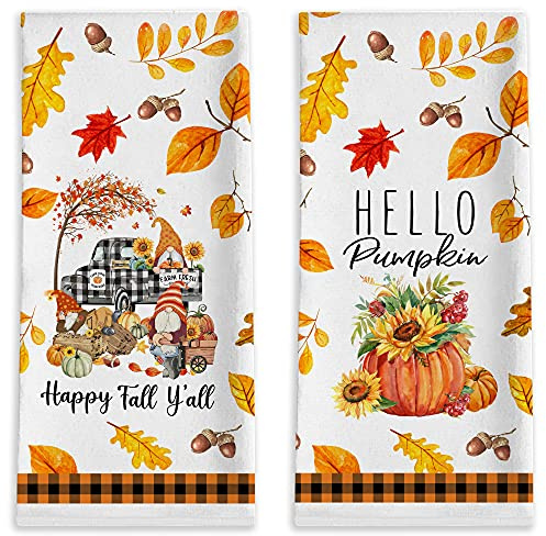 Bonsai Tree Fall Kitchen Towels Sets of 2, Pumkin Fall Hand Towels for Bathroom, Thanksgiving Dish Towel 18”x28”, Autumn Decor for Housewarming