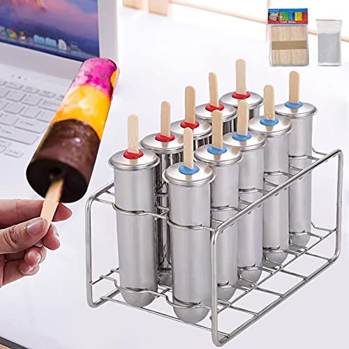 0℃ Outdoor Moule à Glace avec Support de Bâton en Acier Inoxydable, Acier Inoxydable Moule à Popsicle avec Support de Bâton Famille Ice Cream Ensemble de Moules de 10