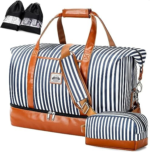 Lekesky Reisetasche für Damen – mit separaten Schuhfächern für Wochenende, Übernachtung, Fitnessstudio, Sport oder Krankenhaus, A-blau gestreift, 50 l, Reisetasche
