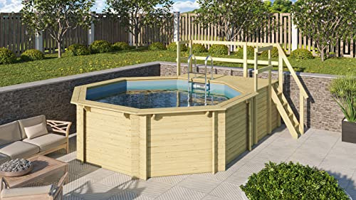 CHILLROI® Achteck Massiv Holzpool 358 x 358 x 124 cm Modell 1C | Set inkl. Sonnenterrasse 96 x 199 cm, Zubehör und Pool Leitern