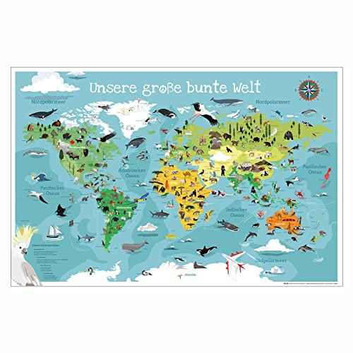 Close Up Kinder-Weltkarte XL Poster - Unsere große Bunte Welt in 61 x 91,5 cm - handgezeichnete und colorierte Kinder-Weltkarte