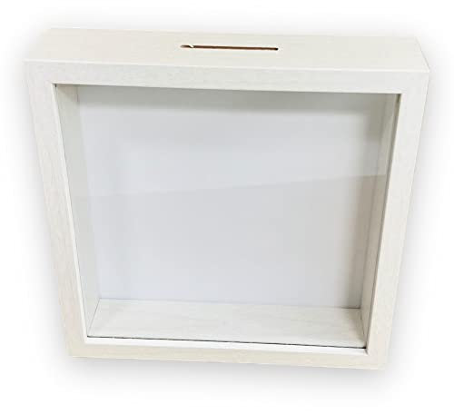BUSDUGA 4114 Sparkasse Holzoptik weiß, zum selbst gestalten 20x20x5 cm, Bilderrahmen blanko Spardose DIY Geldgeschenk (Holzoptik Weiß)