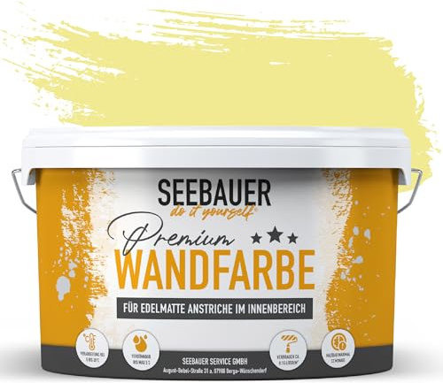 SEEBAUER diy Wandfarbe Gelb 2,5L für Innen (No. 457 Lemon Soda) Edelmatte zitronengelbe Innenfarbe - Gelbtöne sehr hohe Deckkraft - Matt, Abwaschbar und Tropffrei