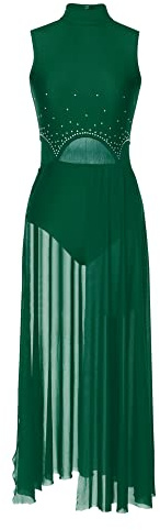iEFiEL Damen Tanzkleid mit Strass Mesh Ballettkleid Ballett Trikotanzug Jumpsuit Tanzbody Overall Gymnastik Wettbewerb Tanzkostüm