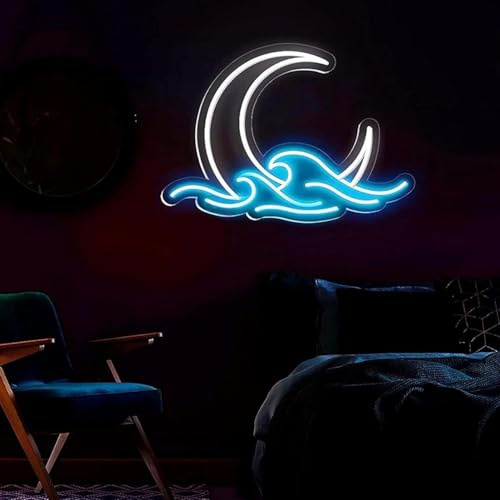 Dimmbare Mondwelle Neon-Sonne Mond Neon-Mondaufgangswelle LED-Wanddekoration hängendes Mond LED Schild geeignet für Spielzimmer Weihnachtsfeier Dekoration Hintergrund Anime Geschenk (Mondwelle)