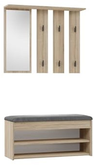 VBChome Garderobe Set 100 x 35 cm Eiche Sonoma Schuhschrank Spiegel Kleiderbügel Schuhablagen Garderobe für Jacken Mantelgarderobe Flur Modern Eiche Sonoma