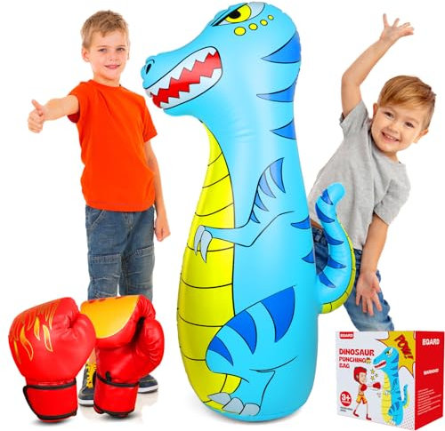 EQARD Boxsack Kinder 120cm Aufblasbarer Dinosaurier Boxsack Stehend mit Boxhandschuhe für 3-9 Kinder Bop Bag mit Dickerem Sicherem Material Karate MMA Taekwondo Geschenk für Mädchen Und Jungen (Blau)