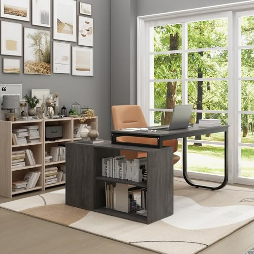 DEZAGCE L-förmiger Schreibtisch, Eckschreibtisch, Computertisch, Schreibtisch mit 3 Schublade und 2 öffenen Fächer, Arbeitstisch, Bürotisch, 140 x 105 x 75 cm, Dunkelgrau, MDF, Metallrahmen