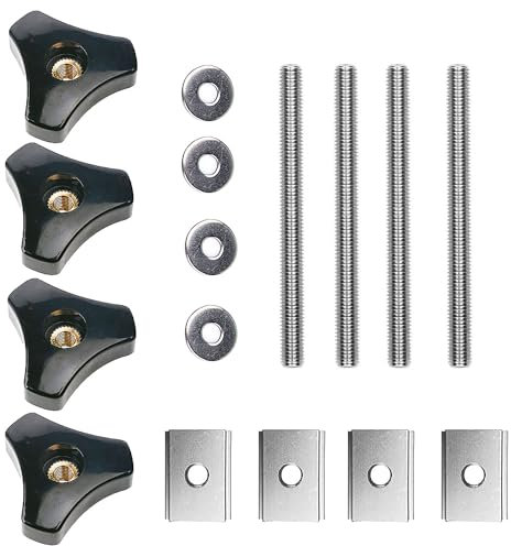 WeqeYent 4 Sets(16 Pcs) T-Track Accessories M8 Aluminum Alloy Sliding Nuts, Plastic Knobs with Stainless Steel bolts and washers,T-Slot Set for DIY Woodworking Tool Slot Fastener