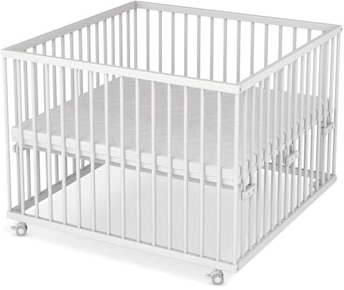 Sämann Laufstall Baby mit Matratze SleepPlus | TÜV geprüft | stufenlos höhenverstellbar | Laufgitter Premium | Babybett aus Holz | Krabbelgitter (weiß, 100x100 cm)