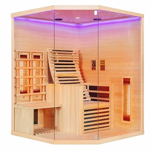 SANOTECHNIK Infrarotkabine Carbon 3 – 2‑Personen Infrarotsauna 150×150×195 cm | 3 Vollspektrum‑Strahler & 7 Carbon‑Platten (2 550 W), LED‑Sternenhimmel, Bluetooth‑MP3 – Art.Nr. J11150