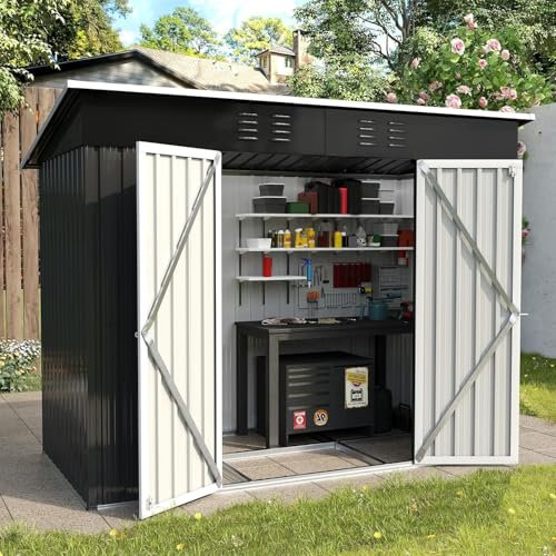 UDPATIO Metal Shed 8x4 FT, Outdoor Garden Storage, Waterproof Metal Shed for Firewood, Garbage Can, Tool, Lawnmower, Bike Shed, Galvanized Steel with Lockable Door for Backyard, Patio, Dark Grey