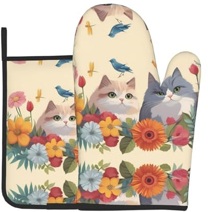 YYHWHJDE Set di 2 guanti da forno e presine divertenti con immagine di gatti, uccelli e fiori, utilizzati per aprire i coperchi delle pentole in cucina e per trasportare piatti dal forno a microonde