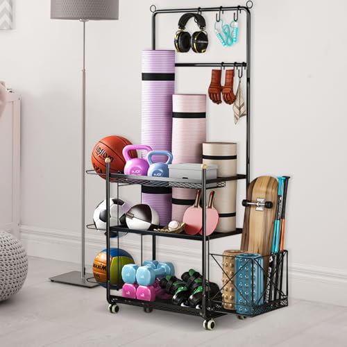 Yoga Matte Regal Hantelständer, Hantelablage, Kurzhantelständer, Zuhause Fitnessstudio Lagerregal mit Rädern und Haken Organizer für Hanteln, Faszienrolle, Kettlebells,Yoga Block, Alle Bälle