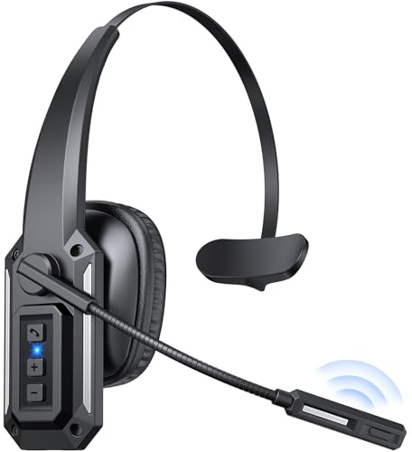 CPTEA Bluetooth Headset with Microphone, Trucker Bluetooth Headset with Noise Cancelling & Mute Button, V5.3, 60Hrs Working Time, Wireless Headphones with Mic for Work/Cellphone/Laptop/Office - Black
