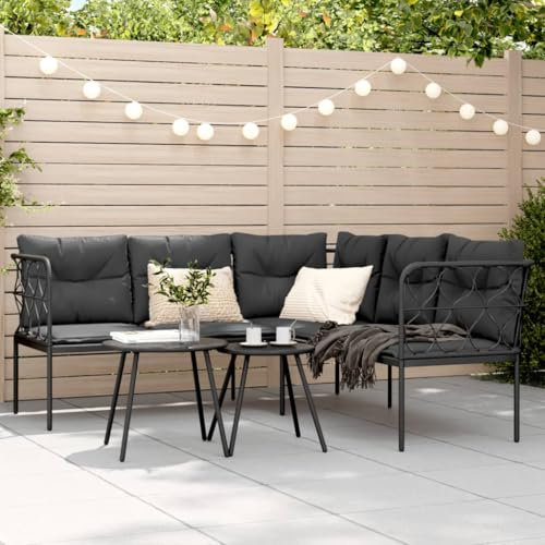 Kangmusi Gartensofa in L-Form mit Kissen Schwarz Stahl und Textilene, Schwarz 4008110