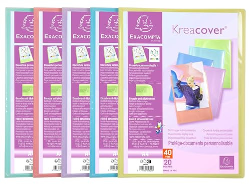 Exacompta 5829E 20er Pack Sichtmappe KreaCover Pastell aus Kunststoff DIN A4 mit 20 Klarsichthüllen, 40 Sichten, Tasche am Vorderdeckel zum selbstgestalten, Aktenhülle, farbig sortiert