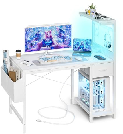 Grandder Gaming Desk 100cm with Power Outlet and LED Light, Computer Desk with Reversible Shelves and Storage Drawer, Pc Small Table for Home Office Table with Bag, Carbon Fiber White