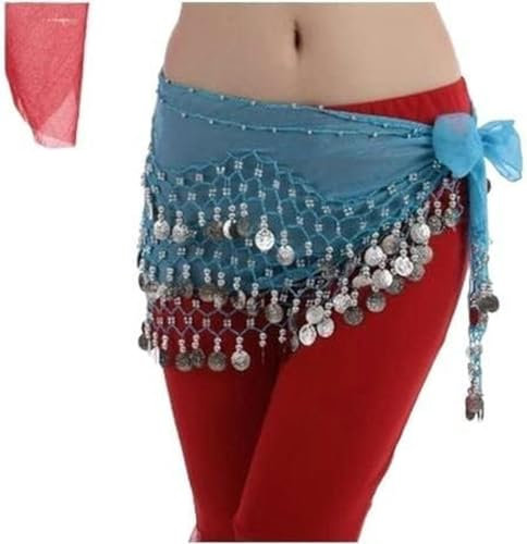 BDXZGX Münzgürtel, Münzschal, Bauchtanzkostüme, Chiffon, 128 Silberne Bauchtanzgürtel für Frauen, Bauchtanz-Hüfttuch, 1, Hellblau, Silber, Co