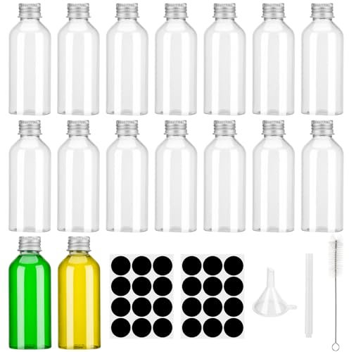 Xialvyu Lot de 16 petites bouteilles en plastique vides de 80 ml à remplir, avec couvercle, réutilisables, avec entonnoir pour jus, lait et autres boissons