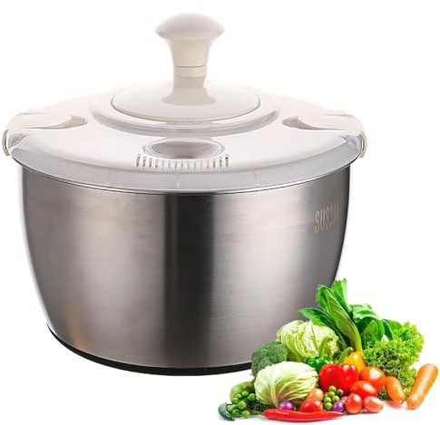 HKFGSHOP Manuell Drehbarer 5-Liter-Abtropfkorb, Salatschleuder Aus Edelstahl, Zentrifugalablass Von Hand, Wärmeisolierung Und Rutschfester Boden, Zum Waschen Und Trocknen Von Blattgemüse Und Früchten