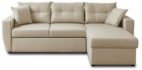 Bestmobilier Astoria - Ecksofa beidseitig montierbar 4-Sitzer - Schlaffunktion und Bettkasten - aus veganem Leder Beige