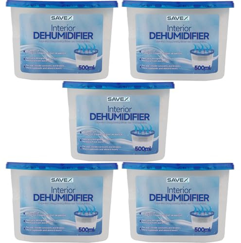 SAVEX 500ml Disposable Dehumidifier Moisture Absorber, 5 Pack | Calcium chloride damp traps for wardrobes, bathrooms, caravans, garages, cupboards, windowsills and other small spaces