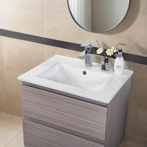 NUESTRA VIDA Lavabo Integrale a Incasso Soprapiano 61 x 46 x 16 cm, Rettangolare in Ceramica Bianco Lucido, Lavandino Bagno con Foro Troppopieno