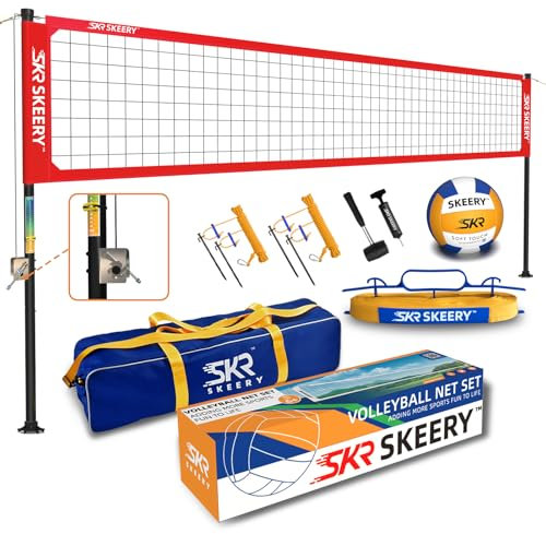 SKEERY Robustes Volleyballnetz-Set, Anti-Beschlag-Design, verstellbare Aluminiumstangen, tragbares Volleyballnetz für Hinterhof, Gras und Strand (rot)