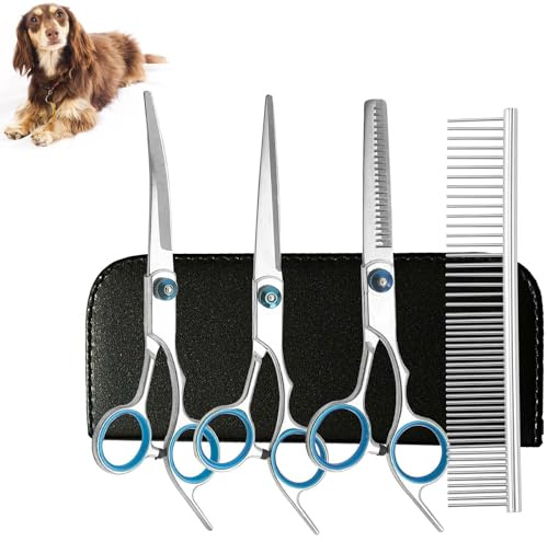 Tijeras para Perros 4 en 1 Tijeras Profesional Gato Perro Aseo Tijeras Tijeras Peluqueria Canina Profesional con Punta Redonda de Seguridad Set de Aseo Canino Completo de Acero Inoxidable