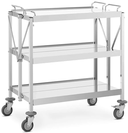 Chariot de Service Pliable en INOX 885 × 500 mm – 3 Niveaux – Capacité Max 150 kg – Roues Robustes – Usage Professionnel (Modèle Large – 88 x 50 cm)