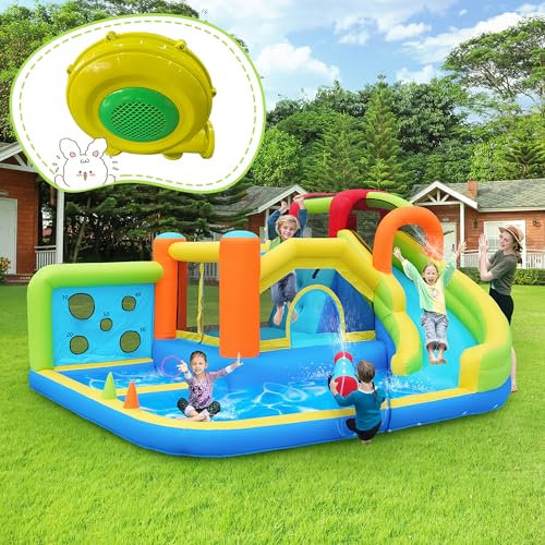 Merax Hüpfburg mit Wasserrutsche, Große Hüpfburg mit Gebläse, Multifunktionaler Wasserpark Trampolinpark für Kinder, Perfektes Spielhaus für Kinder Outdoor, für 3-8 Jahre