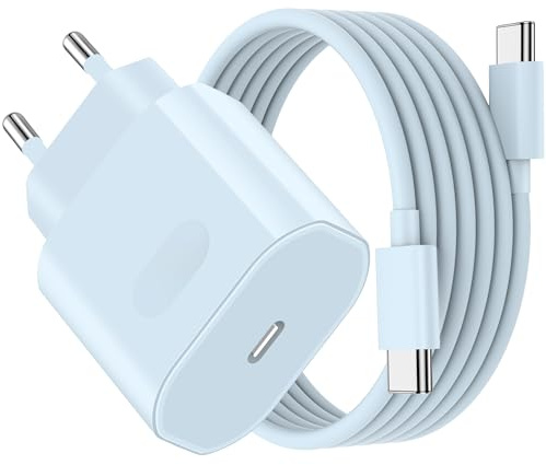 Cargador Carga Rapida para iPhone 17 16 15 Pro MAX Air Plus, iPad Pro/iPad Air, 27W USB C Carregador Enchufe Rapido Adaptador Corriente con 2M Cable(Azul)