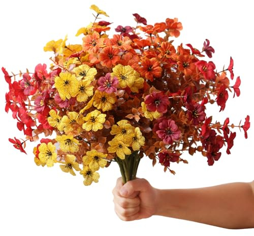 YXYQR 8 Bundles Outdoor Autumn Artificial Flowers Plants Fall Décor Outdoor, UV Resistant No Fade, Outside Orange Yellow Red Faux Flowers Plastic Fake Greenery Arrangement for Garden Pots Porch Patio