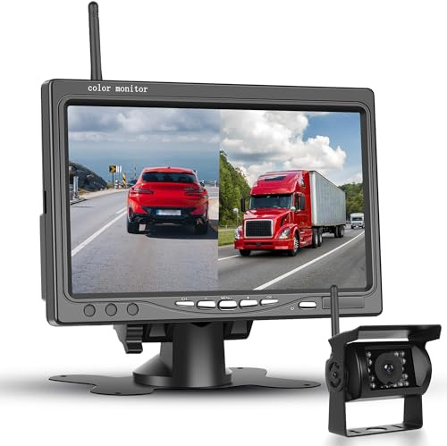 Rimoody Kit de Caméra de Recul sans Fil 7 Pouces IPS HD Monitrice avec Caméra, Caméra de Recul avec BSD Étanchéité IP68 Vision Nocturne Super Grand Angle pour Camion Buses Remorques Camping 12V-36V